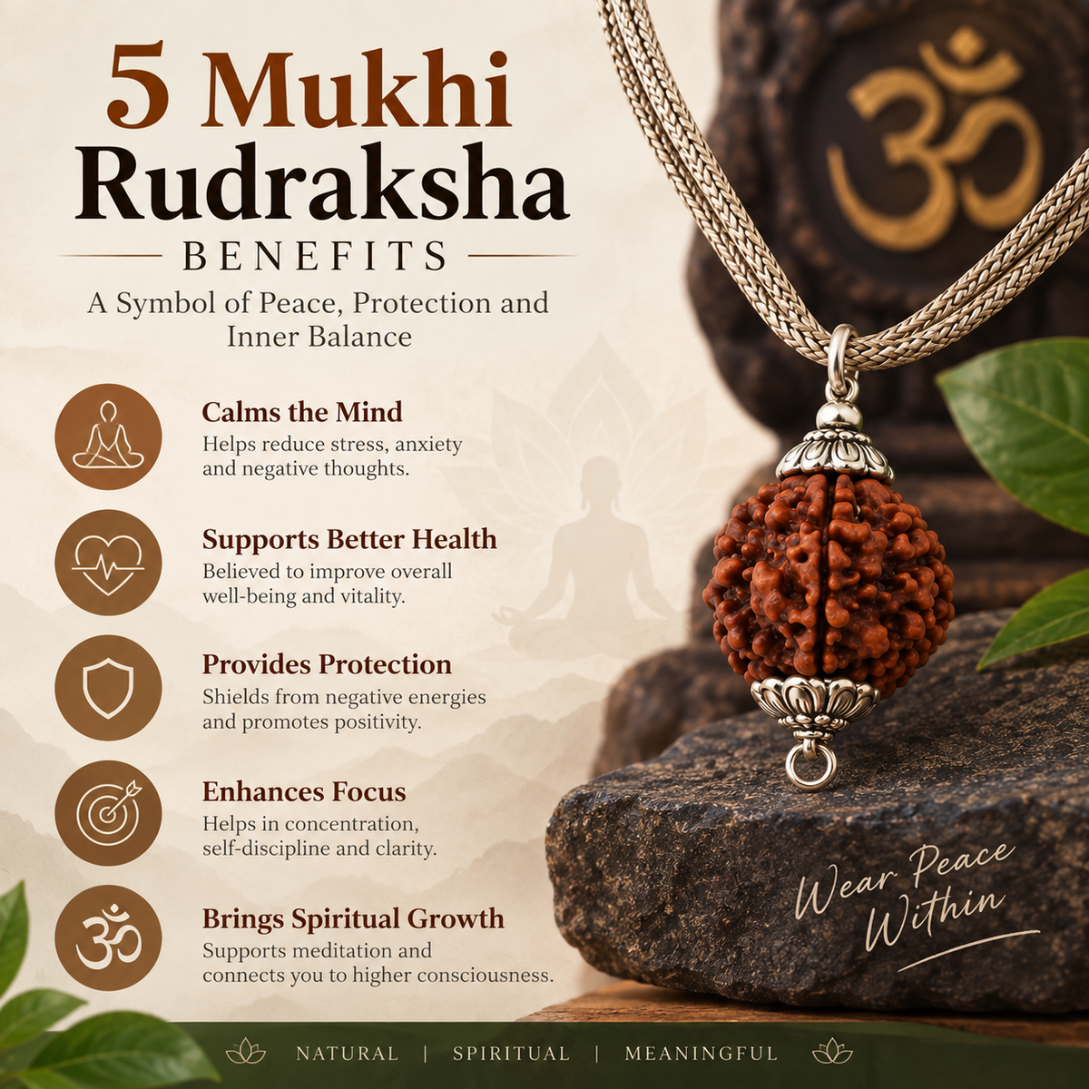 5 Mukhi Rudraksha Pendant Necklace (Adjustable Cord)