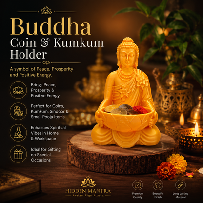 Buddha Coin & Kumkum Holder – Gold Silk | 7 cm