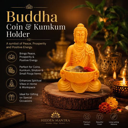 Buddha Coin & Kumkum Holder – Gold Silk | 7 cm