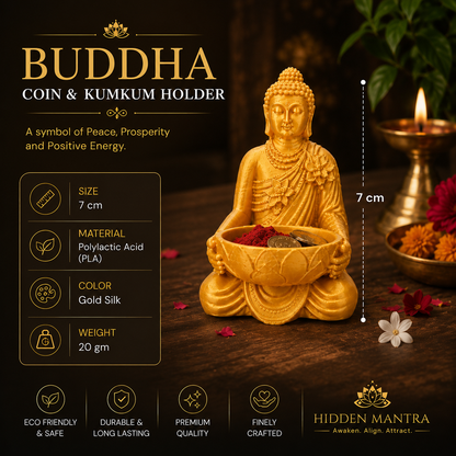 Buddha Coin & Kumkum Holder – Gold Silk | 7 cm